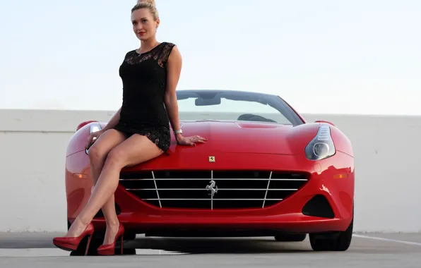 Girl, Girls, dress, Parking, Ferrari, red car