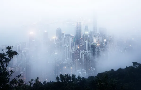 The city, fog, Hong Kong, skyscrapers