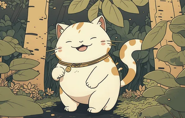 Cat, cat, leaves, trees, joy, nature, pose, smile