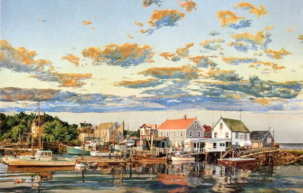 The sky, clouds, sunset, picture, boats, pier, houses, harbour