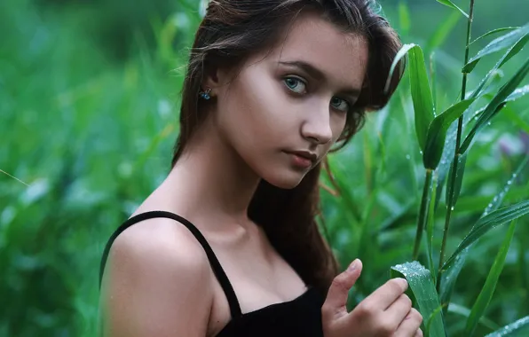 Picture greens, grass, look, leaves, girl, Rosa, makeup, dress