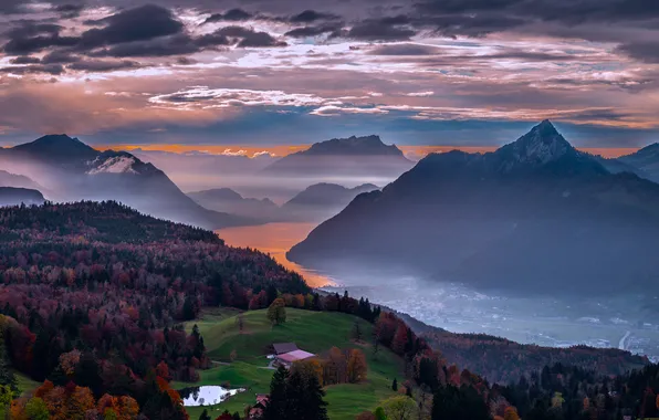 The sky, clouds, trees, mountains, fog, river, valley, houses