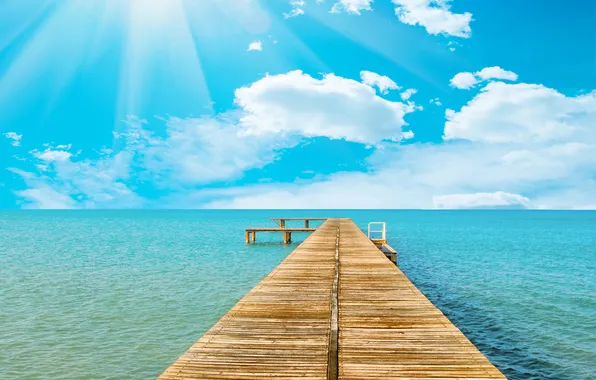 Sea, beach, summer, the sun, clouds, rays, bridge, blue