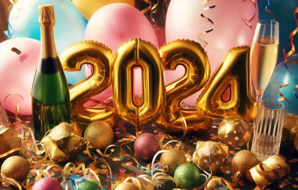 Balls, table, gold, holiday, wine, balls, Shine, glass