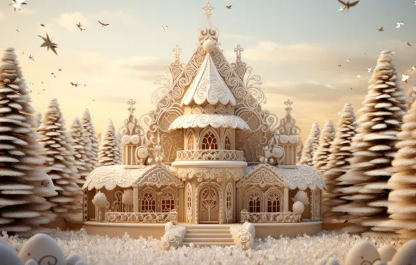 Winter, the sky, clouds, snow, snowflakes, birds, house, castle