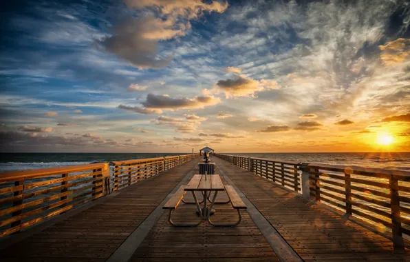 Picture the sky, the sun, clouds, The ocean, pierce, benches