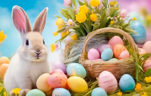 Flowers, eggs, spring, colorful, Easter, happy, flowers, spring