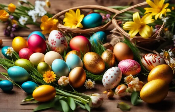 Picture flowers, eggs, spring, colorful, Easter, happy, flowers, spring