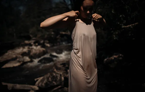 Forest, woman, waterfall