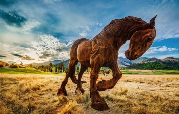 Picture field, the sky, grass, clouds, mountains, nature, horse, sculpture