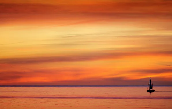 Sea, the sky, clouds, boat, the evening, glow, sail