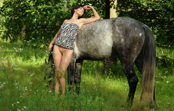 Forest, leaves, trees, horse, feet, Apple, hands, dress