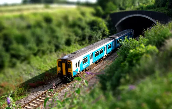 Picture Train, Railroad, The tunnel, tilt shift, The car