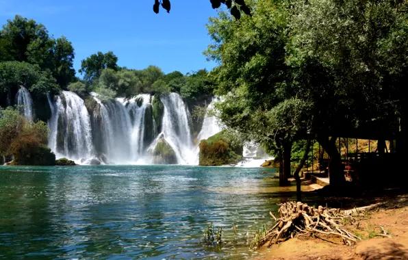 Trees, river, waterfall, Bosnia and Herzegovina, Kravice