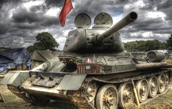 The sky, clouds, tank, trunk, banner, shell, Soviet, average