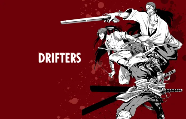 Weapons, anime, art, guys, red background, men, samurai, Drifters