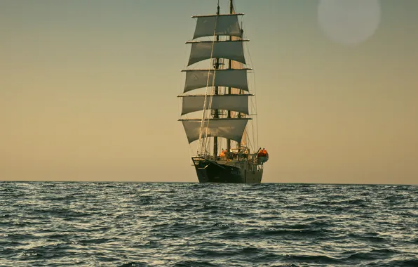 Sea, the sky, the moon, sailing ship