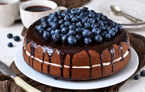 Coffee, chocolate, cake, blueberries
