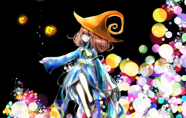 Picture hat, anime, art, girl, pumpkin, bow, milkuro