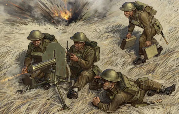 Picture art, soldiers, machine gun, British, WW2., calculation