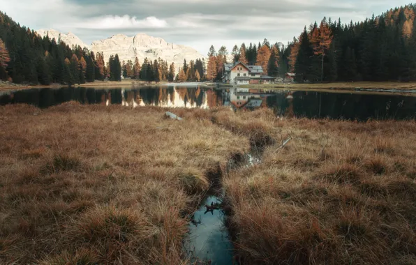 Picture Mountains, Autumn, Lake, House, Autumn, Trentino, Northern Italy, Trentino