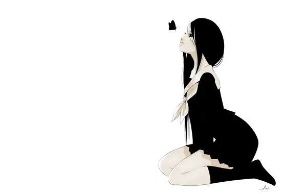 Girl, butterfly, art, white background, black and white, form, sitting, monochrome