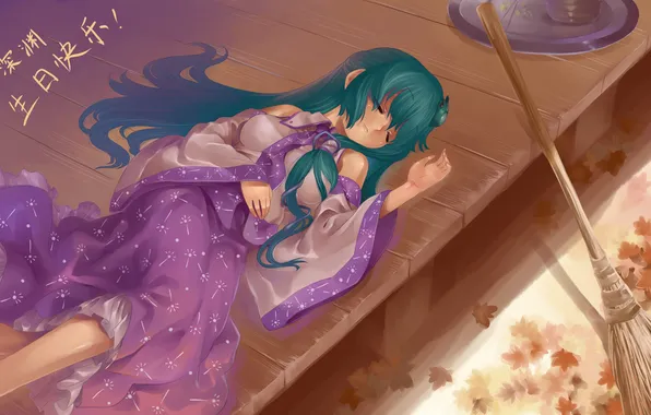 Picture leaves, girl, sleeping, broom, porch, touhou, art, kochi have done the art