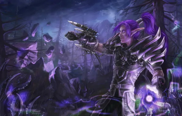 Forest, weapons, magic, elf, art, guy, wow, world of warcraft