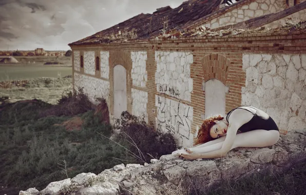 Face, pose, hair, Girl, the ruins, legs