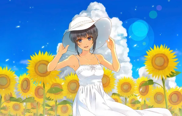 Girl, sunflowers, smile, the wind, dress, looking at the viewer