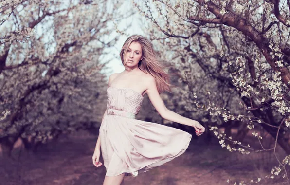 Girl, trees, garden, dress