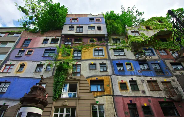The sky, trees, color, Austria, Vienna, Hundertwasser house
