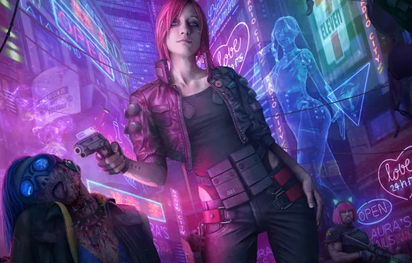 Girl, night, gun, fiction, street, art, cyberpunk 2077