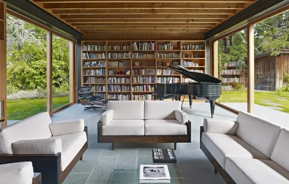 Design, style, interior, piano, library, living room, California, Low-Rise House