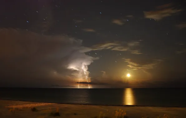 Picture stars, clouds, lightning, The moon, Florida, Antares, Anna Maria Island, Gulf of Mexico