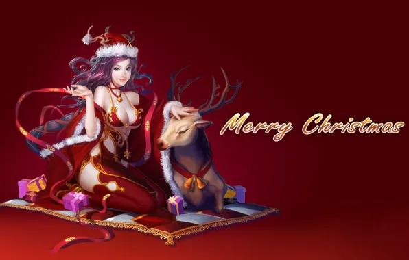 Picture look, girl, hat, deer, gifts, Mat, red background, Merry Christmas