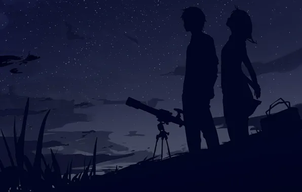 The sky, stars, clouds, the wind, Night, bag, two, silhouettes