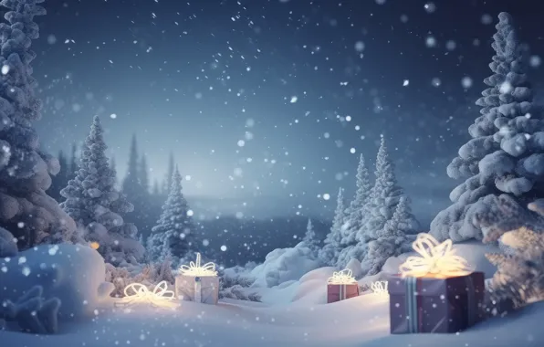 Winter, frost, forest, light, snow, landscape, night, nature