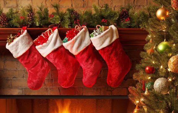 Heat, tree, Christmas, gifts, New year, fireplace, garland, cozy