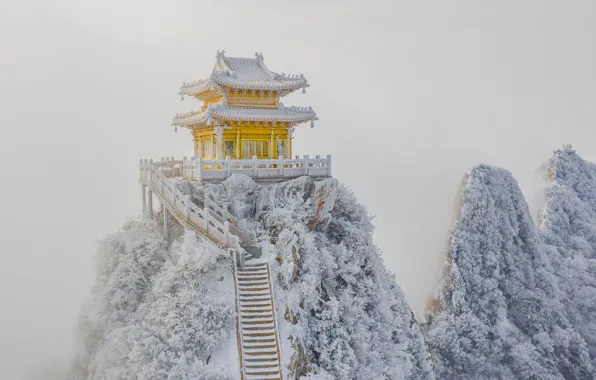 Snow, rocks, frost, ladder, pagoda, rocks, snow, stairs