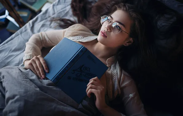 Girl, mood, glasses, book, Sergey Fat, Sergey Zhirnov, Maya Shakhnazarov