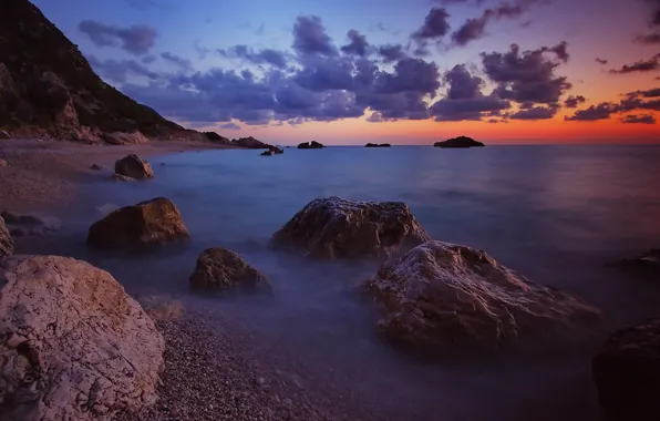 Picture sea, wave, the sky, clouds, sunset, stones, shore, the evening