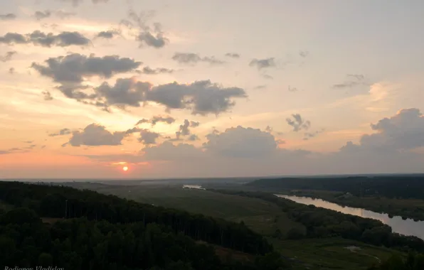 The sky, the sun, clouds, trees, sunset, Oka, Kaluga, Kaluga