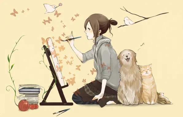 Picture cat, butterfly, birds, books, dog, girl, brush, draws