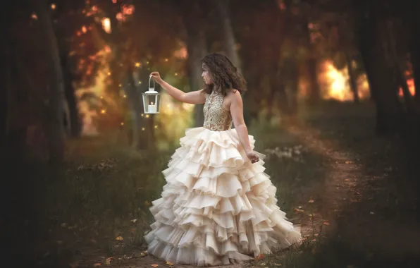 Forest, girl, mood, lights, dress, flashlight, path