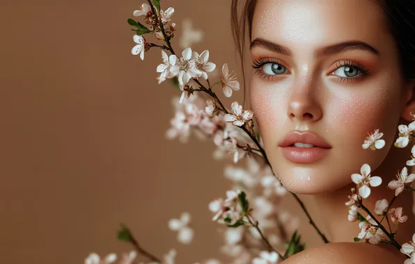 Look, girl, flowers, branches, model, portrait, spring, blonde