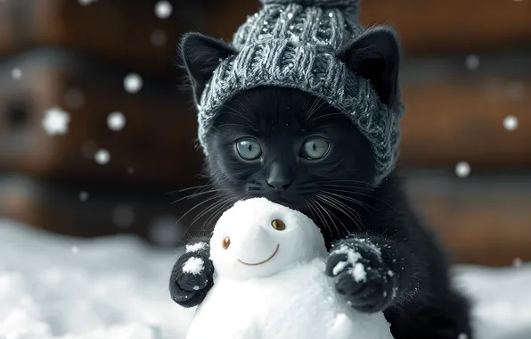 Winter, cat, look, snow, pose, kitty, black, Christmas