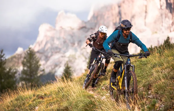 Picture Mountains, Grass, Two, Men, Bikes, Superiore LTD, E-Bikes, Malaguti Bicycles