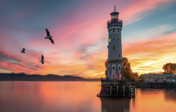 Sea, clouds, mountains, birds, dawn, shore, lighthouse, seagulls