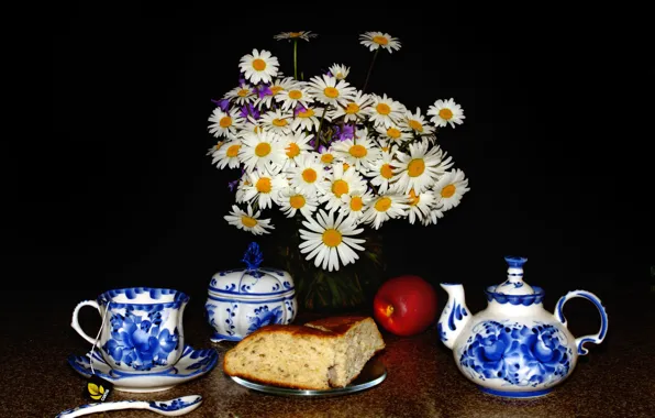 Picture flowers, table, Apple, chamomile, spoon, Cup, vase, black background